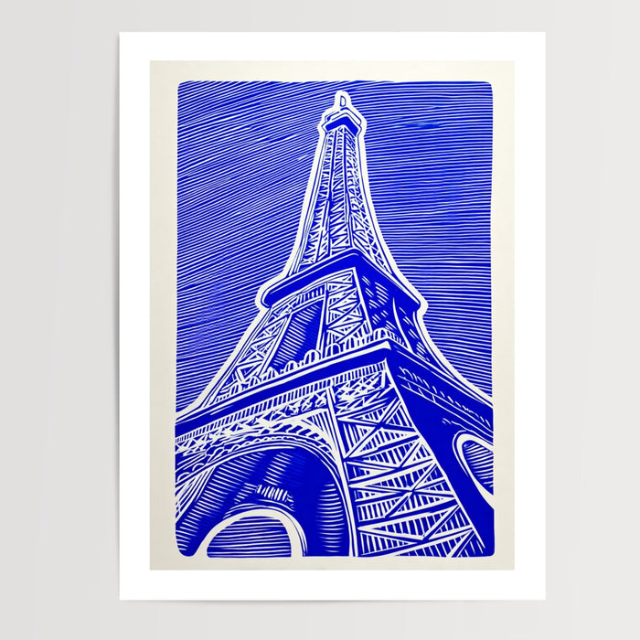Poster Tour Eiffel - Bleu électrique et lignes graphiques modernes — Vierge - poster-presentation-produit — passe-partout blanc