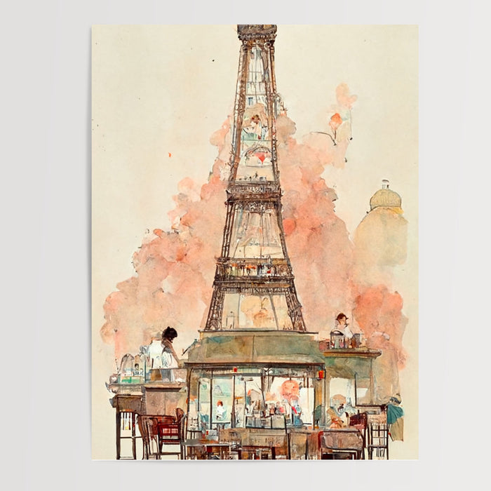 Poster Tour Eiffel - Terrasse de café parisien aux teintes pastel — Vierge - poster-presentation-produit