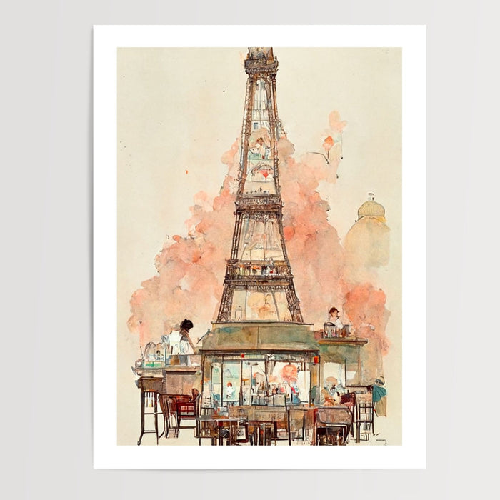 Poster Tour Eiffel - Terrasse de café parisien aux teintes pastel — Vierge - poster-presentation-produit — passe-partout blanc