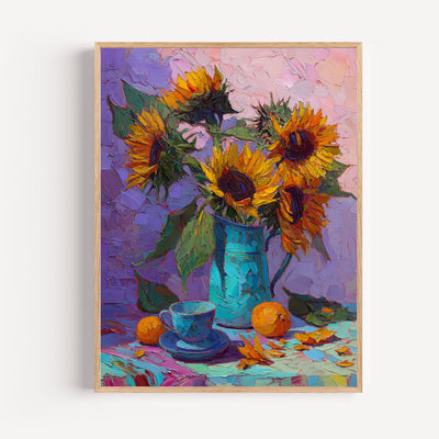 Poster Tournesols - Bouquet doré dans son pichet bleu