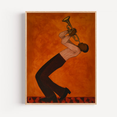 Jazz-trompettist poster – Vurige solo op oranje achtergrond