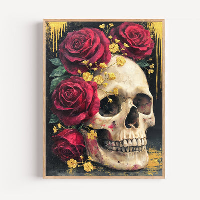 Poster Vanité moderne - Crâne roses écarlates et éclats dorés