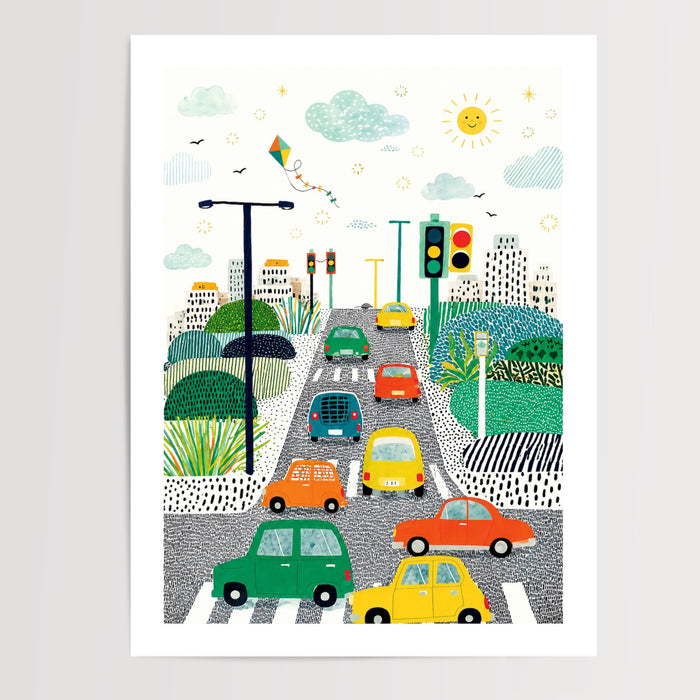Poster Ville colorée - Petites voitures et routes joyeuses pour lui — Vierge - poster-presentation-produit — passe-partout blanc