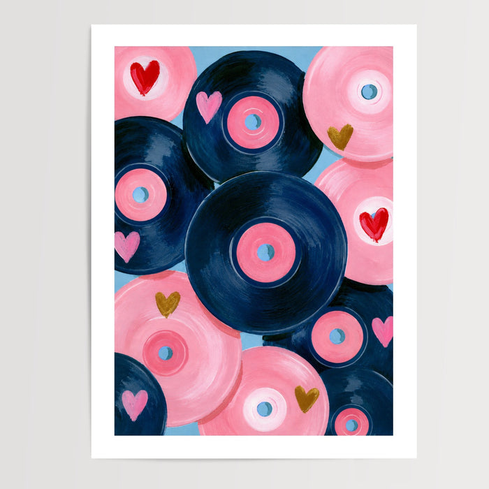 Poster Vinyles romantiques - Rose, bleu et cœurs dorés qui font vibrer — Vierge - poster-presentation-produit — passe-partout blanc