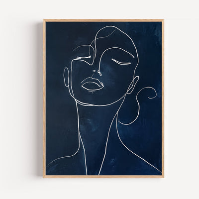 Minimalist Female Face Line Art Poster — White One-Line Drawing on Navy Blue