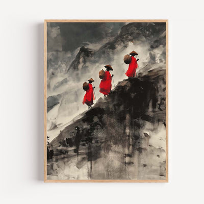 Poster Voyageurs en rouge - Montagne zen dans la brume