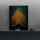 Framed peacock painting styled on a dark green console with gold candlesticks in a minimalist interior
