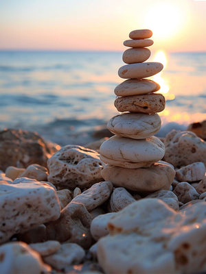 Stack of light, oval stones balanced on a rocky beach at sunset, with a calm sea reflecting golden hues.
