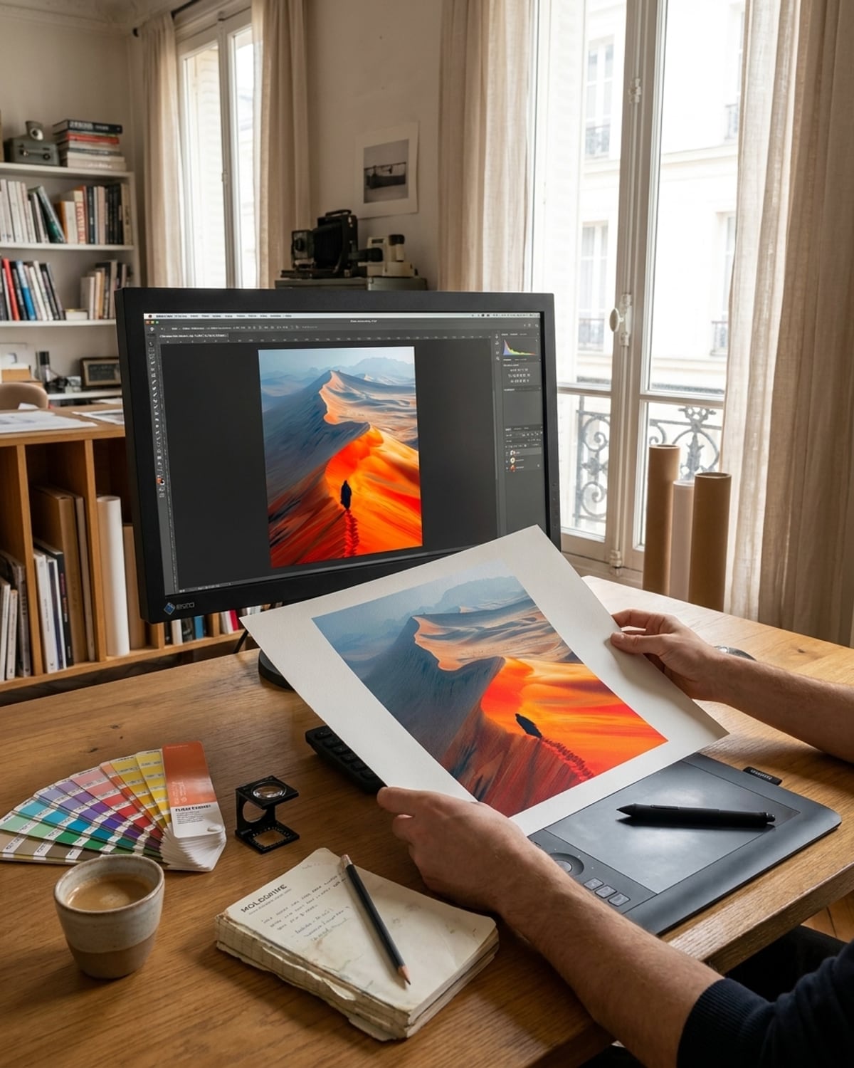 Direction artistique MyselfMonArt — contrôle des couleurs d'un tableau entre l'écran de retouche et l'épreuve imprimée, au studio