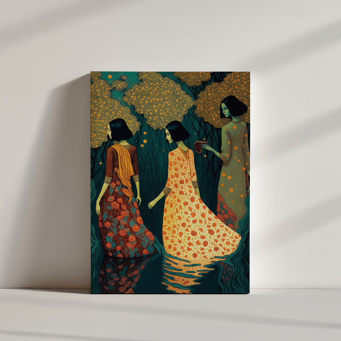 Painting of three elegant women in water, bathing under the moon, symbolizing purity and spiritual cleansing