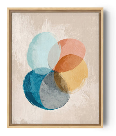Tableau abstrait cercles superposés bleu turquoise corail jaune texture moderne