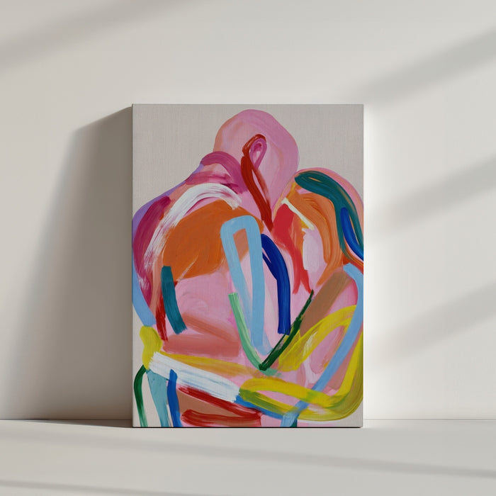 Abstraktes, farbiges Bild mit Kurven in Rosa, Orange, Blau, Grün, Gelb – Wanddeko für modernes, minimalistisches Wohnzimmer