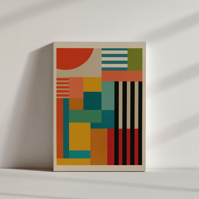 Abstract geometric wall art in warm tones, styled in a contemporary living room for a modern, artistic touch