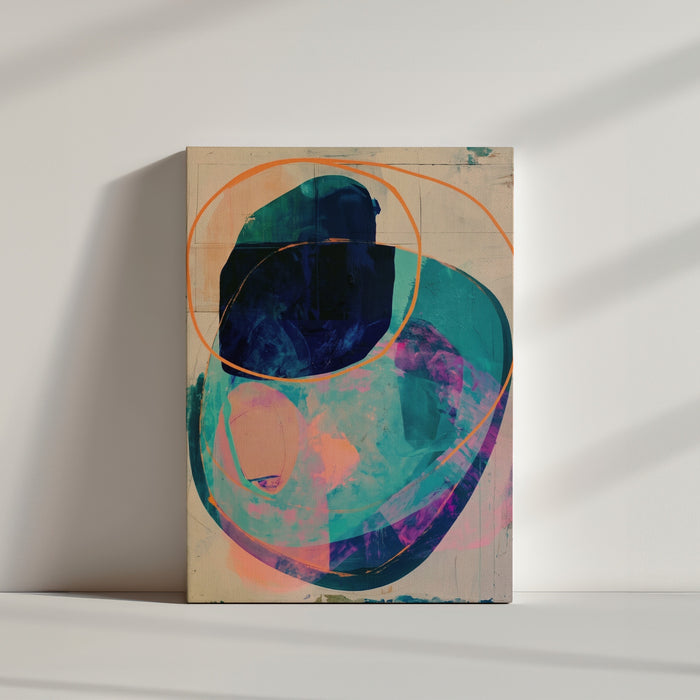 Tableau abstrait formes organiques turquoise bleu violet orange ambiance minimaliste mur blanc