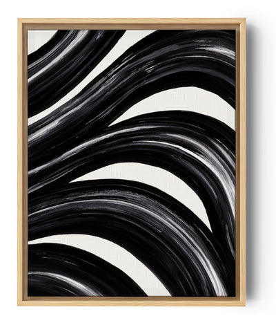 Modern black and white abstract canvas with bold sweeping curves on a white ground
