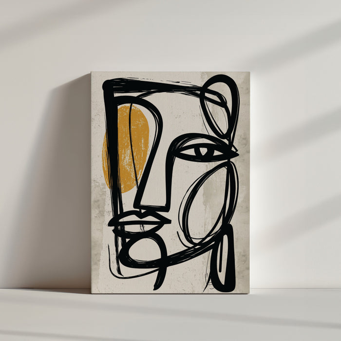 Tableau abstrait formes organiques noires et ocre sur fond beige dans ambiance minimaliste épurée