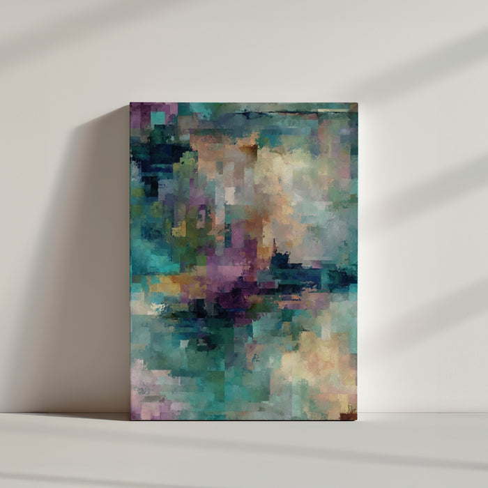 Abstract turquoise, purple, and beige strokes on a white wall, minimalist decor