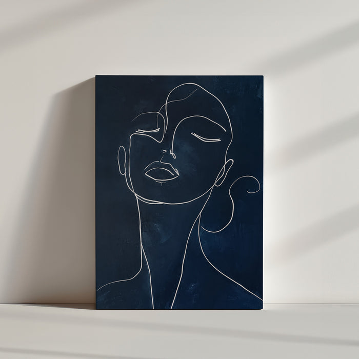 One‑line female portrait in white on midnight blue background, clean minimalist wall art print