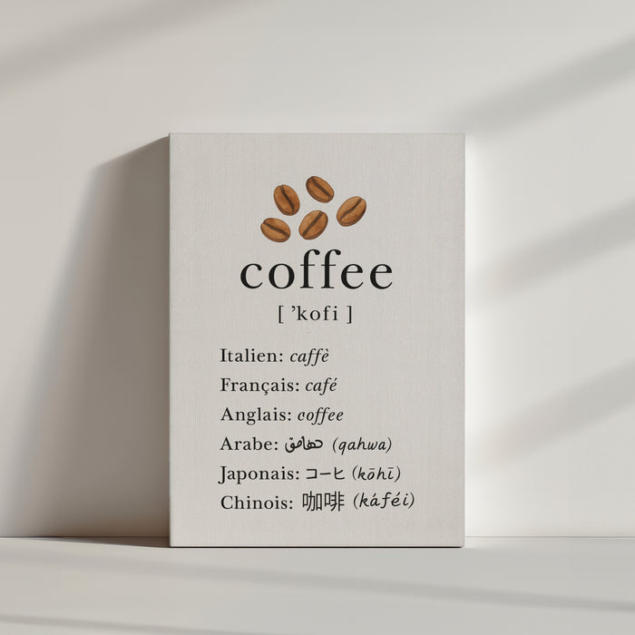 Affiche minimaliste illustrant le mot café en plusieurs langues avec grains de café, style moderne et épuré
