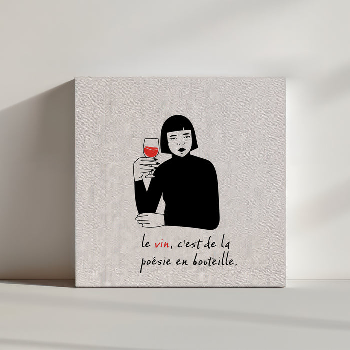 une affiche pour décorer les murs d'une cuisine avec une illustration d'une femme qui tient un verre de vin et une citation.