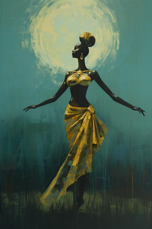 African woman dancing on a green field, styled with dark gold and aquamarine, delicate realism, dark indigo and turquoise, faith-inspired art with a refined and elegant brush stroke.