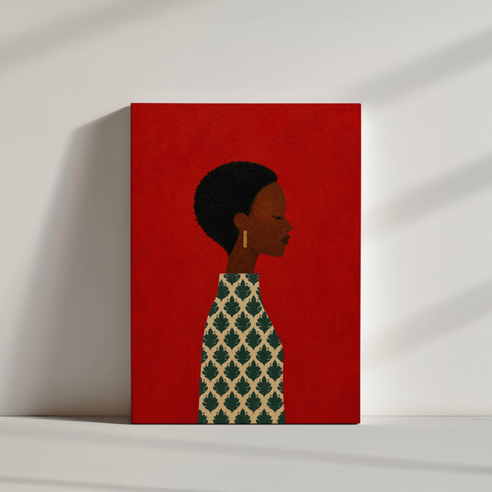 Tableau africain femme de profil élégante fond rouge vif motifs tropicaux ambiance minimaliste épurée
