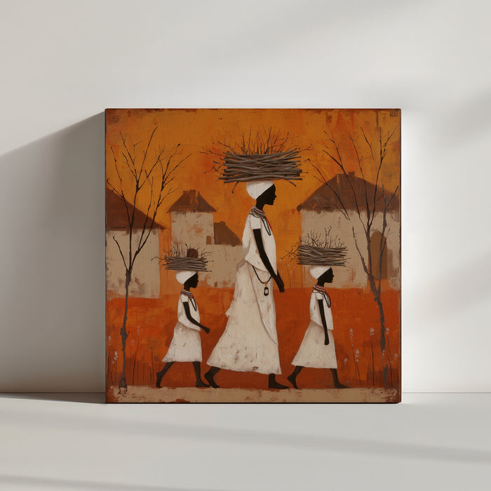 Tableau africain femmes portant fagots tons orangés style ethnique ambiance minimaliste épurée