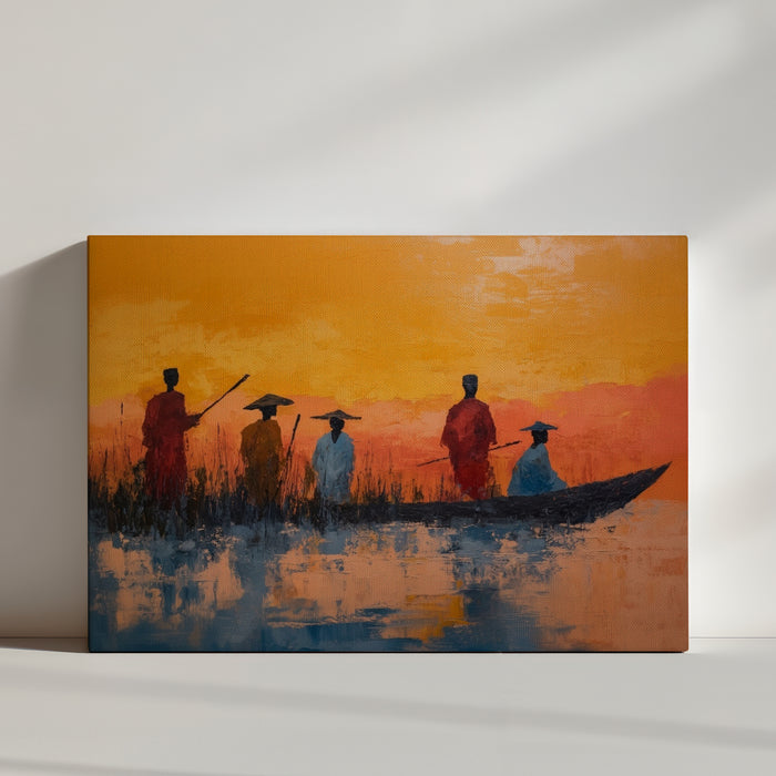 Tableau africain pêcheurs en pirogue au coucher de soleil tons orangés bleus décoration murale ethnique