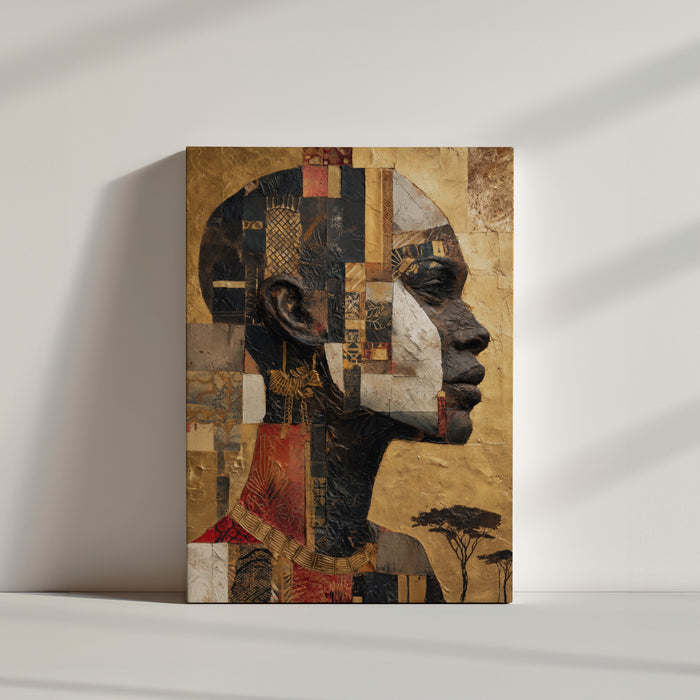Tableau africain profil féminin mosaïque dorée motifs ethniques toile texturée ambiance minimaliste mur blanc
