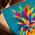 Tableau ananas arc-en-ciel fond turquoise pour salon cadre chêne doré