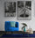Un salon moderne bleue électrique avec deux tableaux surréalistes de girafes.