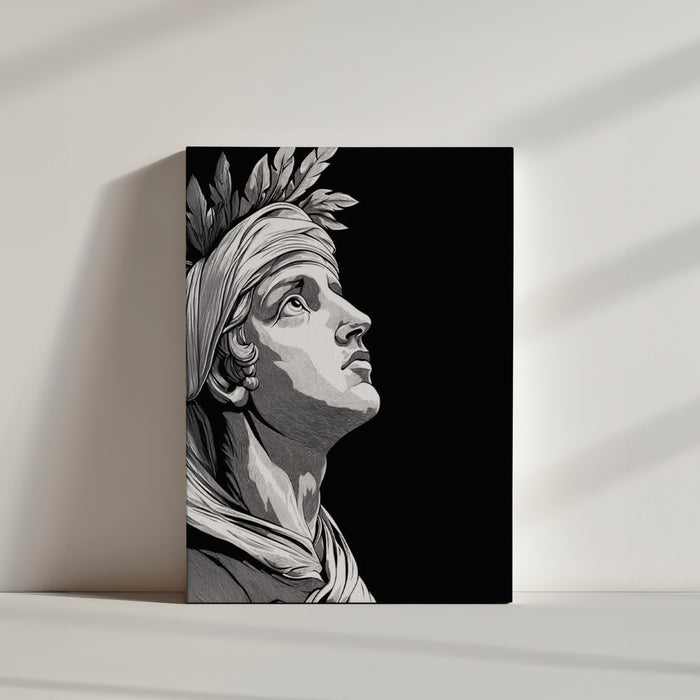 Monochrome Apollo statue wall art inspired by classical sculpture; skyward gaze, laurel wreath and turban; elegant, timeless home decor