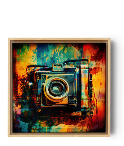 Tableau abstrait, appareil photo, couleurs vives, formes superposées, contraste, dynamisme, originalité, personnalisation.