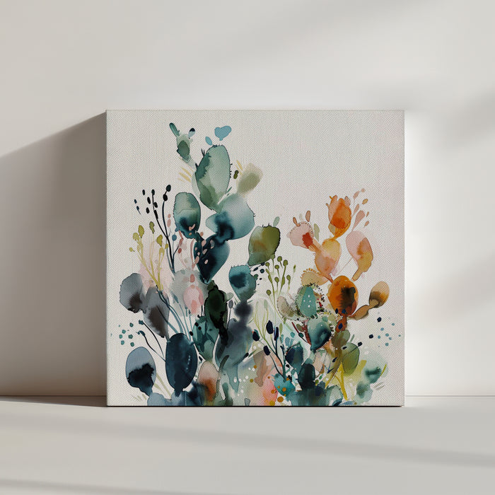 peinture abstraite aux tons pastel et aquatiques avec motifs floraux.