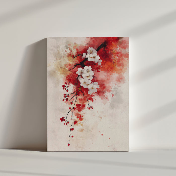Japanese cherry blossom watercolor print in red and white, refined Asian wall art