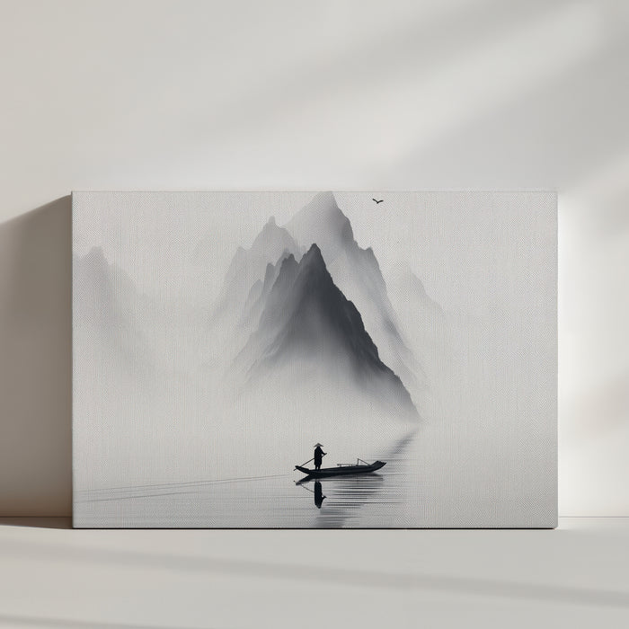 Black and white Asian wall art of misty mountains with a fisherman — zen decor
