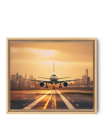 une photographie Un avion se prépare à l'atterrissage sur la piste, avec le soleil couchant et la silhouette d'une ville en arrière-plan.