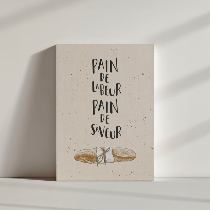 Sur un fond beige, une illustration d'une baguette trône aux centres de l'image. On peut également lire la citation "Pain de labeur, pain de saveur". Les couleurs sont douces et neutres