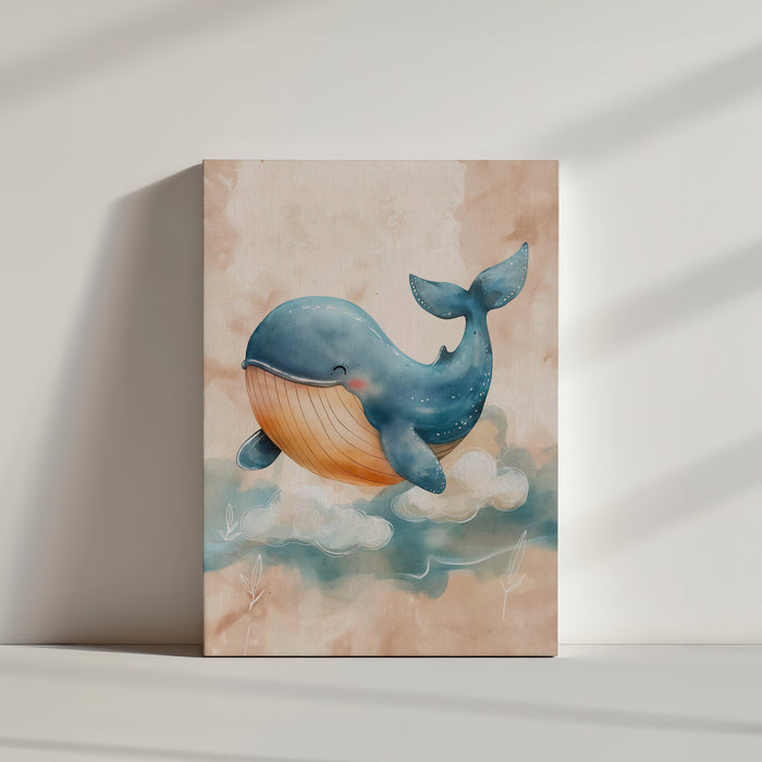 illustration pour enfant , d'une baleine bleue souriante nageant dans les nuages