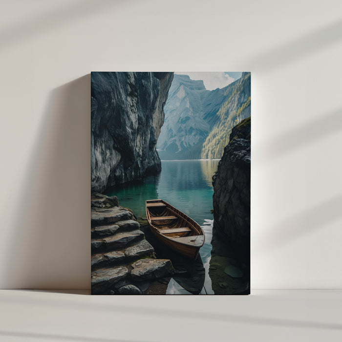Photograph of a lone boat on calm fjord waters surrounded by steep mountains