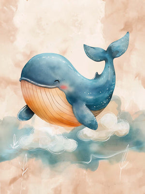 children's illustration of a smiling blue whale swimming through clouds