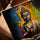 Colorful Buddha meditation wall art for living room, golden oak frame
