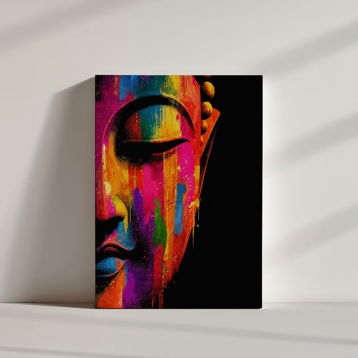 Modern Buddha canvas wall art with a close-up face and vibrant paint splashes on a black background