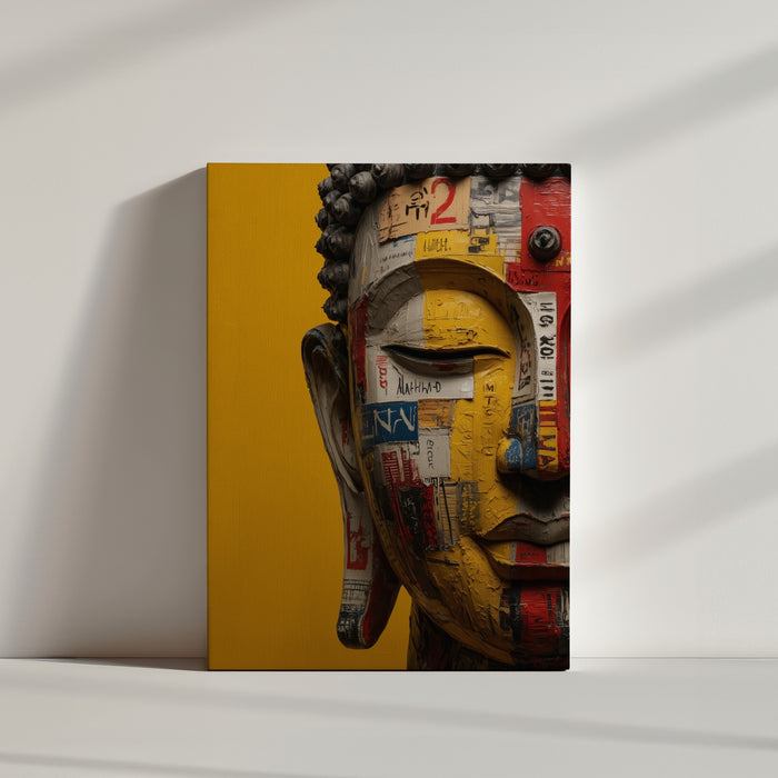 Tableau Bouddha street art collage urbain jaune rouge ambiance minimaliste épurée mur blanc