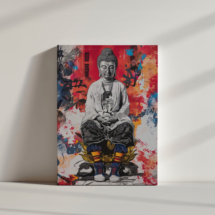 toile représentation portrait bouddha style street art, tache de couleur rouge et bleus.