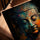 Bouddha abstrait coloré tableau pour salon cadre chêne doré