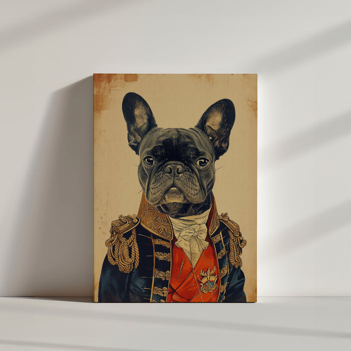 Close-up French Bulldog in military uniform, dramatic vintage wall art