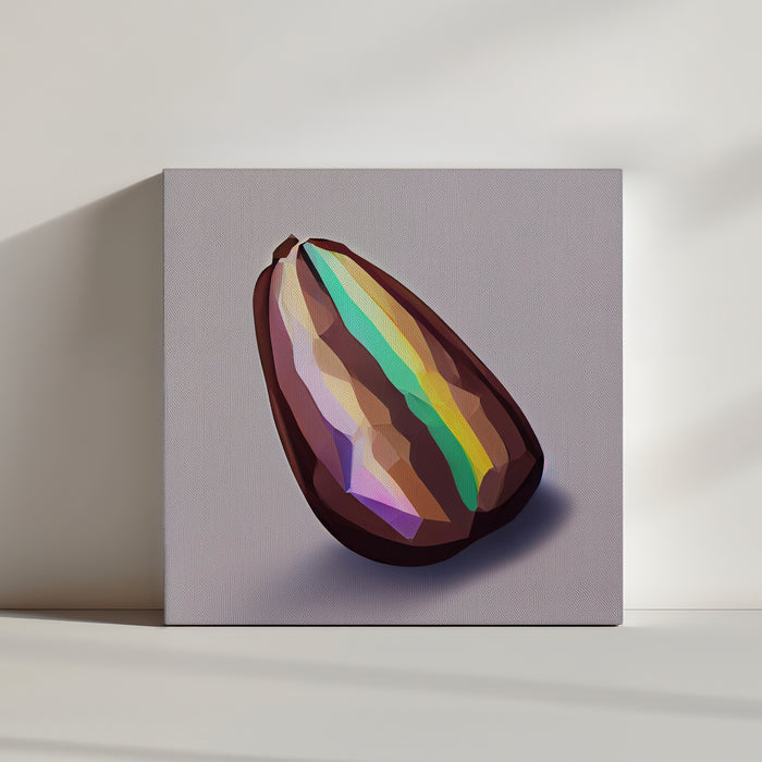 Low-poly minimalist art print of a cocoa bean merged with a diamond in vibrant rainbow colors for colorful modern decor