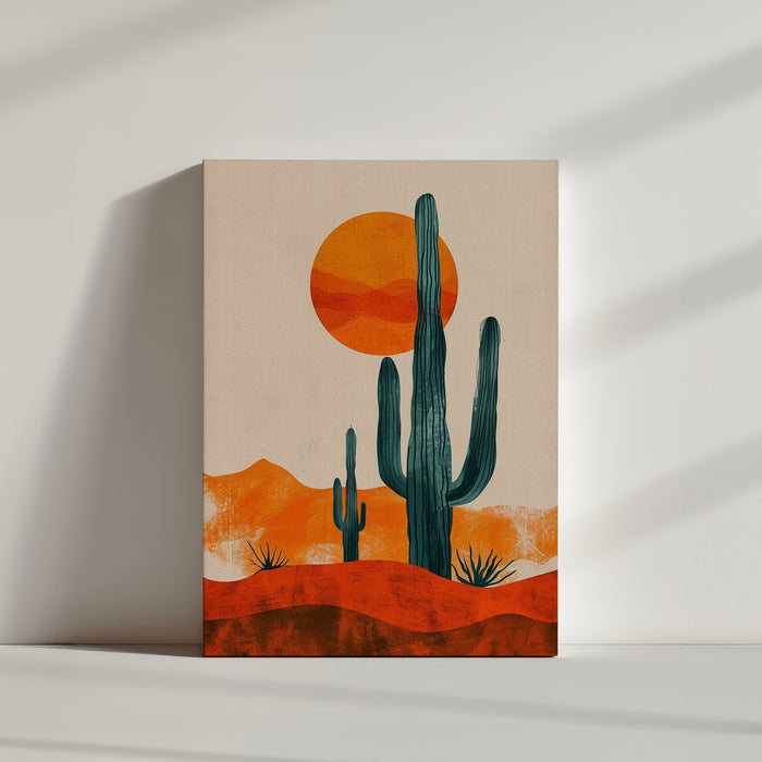 Tall cactus under a round, bright sun — warm‑tone desert wall art