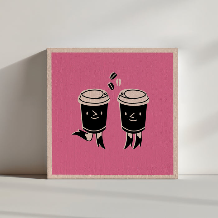 Pink pop art print of two cute smiling coffee cups facing each other – whimsical kitchen decor